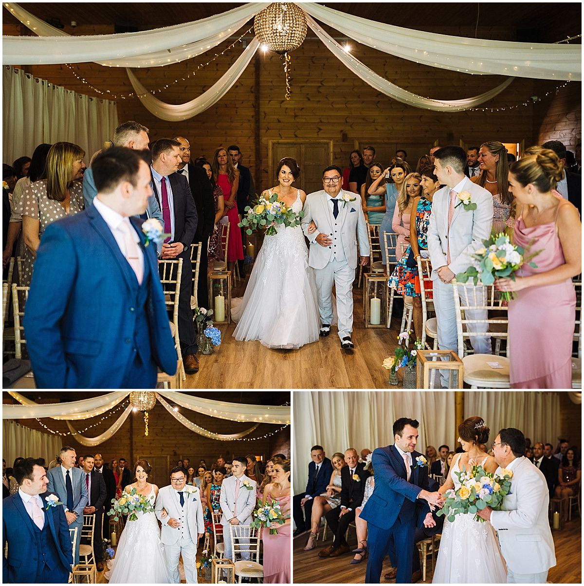 The bride arrives escorted by father at styal lodge