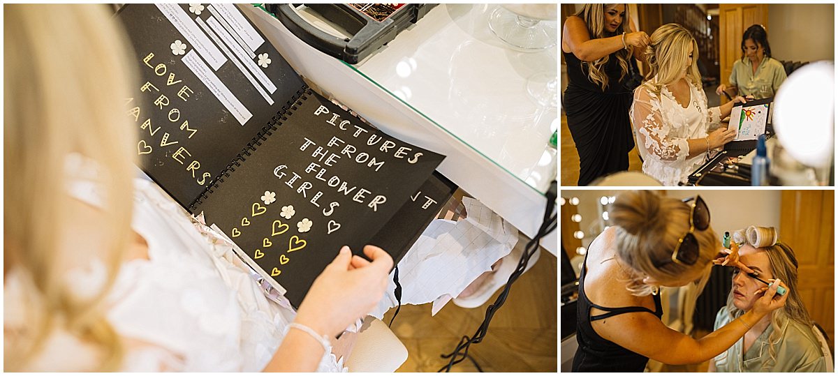 A bride gets ready for her wedding day while friends assist with makeup and hair styling, surrounded by a personalized scrapbook of flower girl memories.